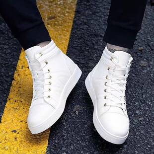 白色高帮鞋男款真皮透气百搭增高厚底板鞋男加绒保暖休闲小白鞋子