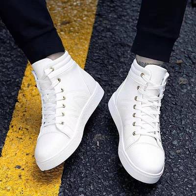 白色高帮鞋男款真皮透气百搭增高厚底板鞋男加绒保暖休闲小白鞋子