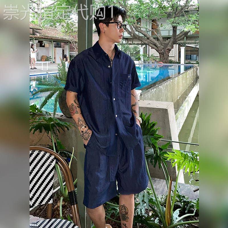 高端老钱风穿搭冰丝亚麻衬衫套装男士夏季高级感短袖衬衫棉麻短裤