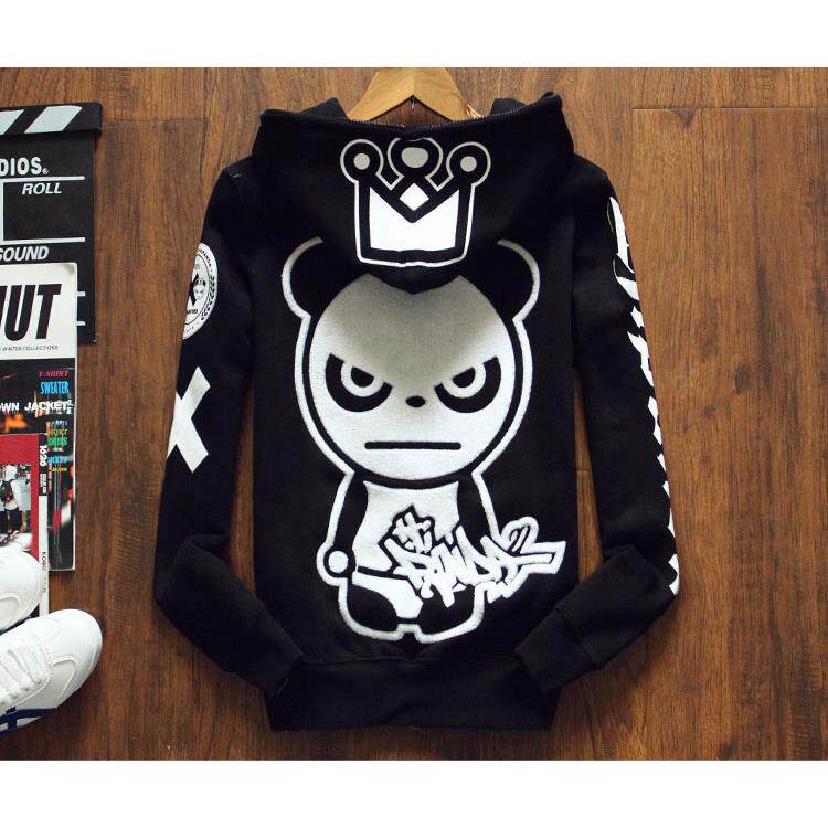 IT潮牌不死熊猫人贴布连帽卫衣男女加绒加厚外套字母印花拉炼帽衫