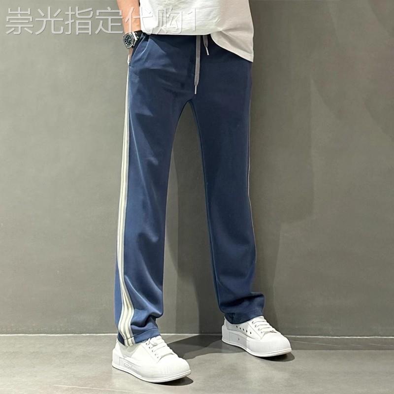 MK抗皱条纹休闲裤男夏季新款百搭透气面膜裤简约弹力男士直筒裤