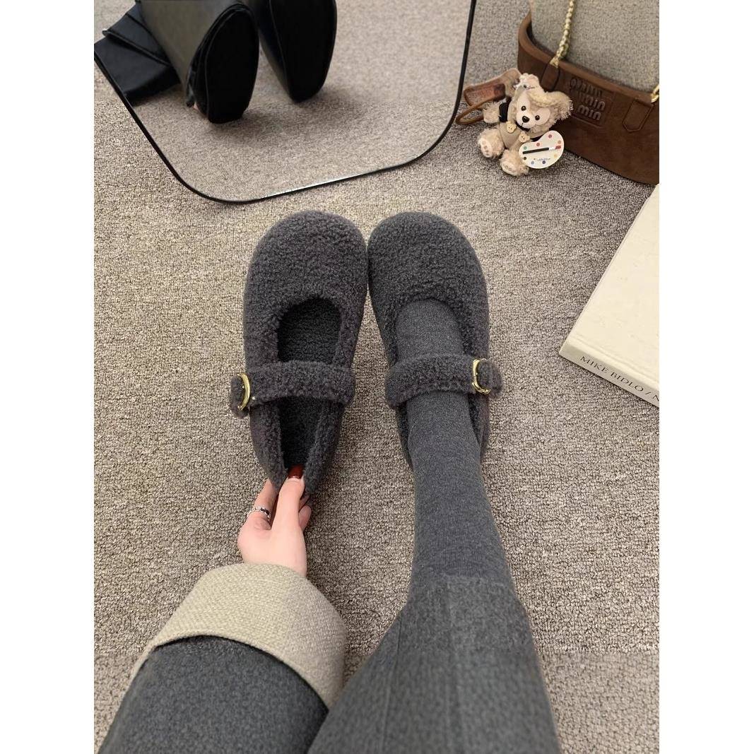 潮牌玛丽珍毛毛鞋女冬外穿新款韩版呢子单鞋女平底加绒保暖棉鞋子