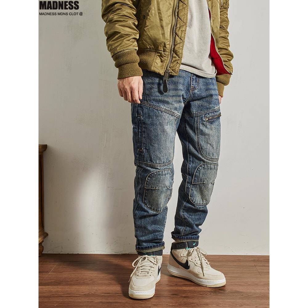 Madness Mdns Clot美式覆古牛仔裤男款机车贴布补丁做旧工装长裤