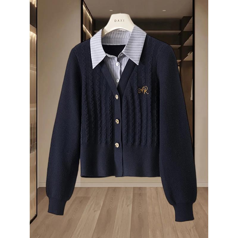 韩国假两件针织衫上衣女装2025秋冬装设计感显瘦时尚洋气长袖毛衣