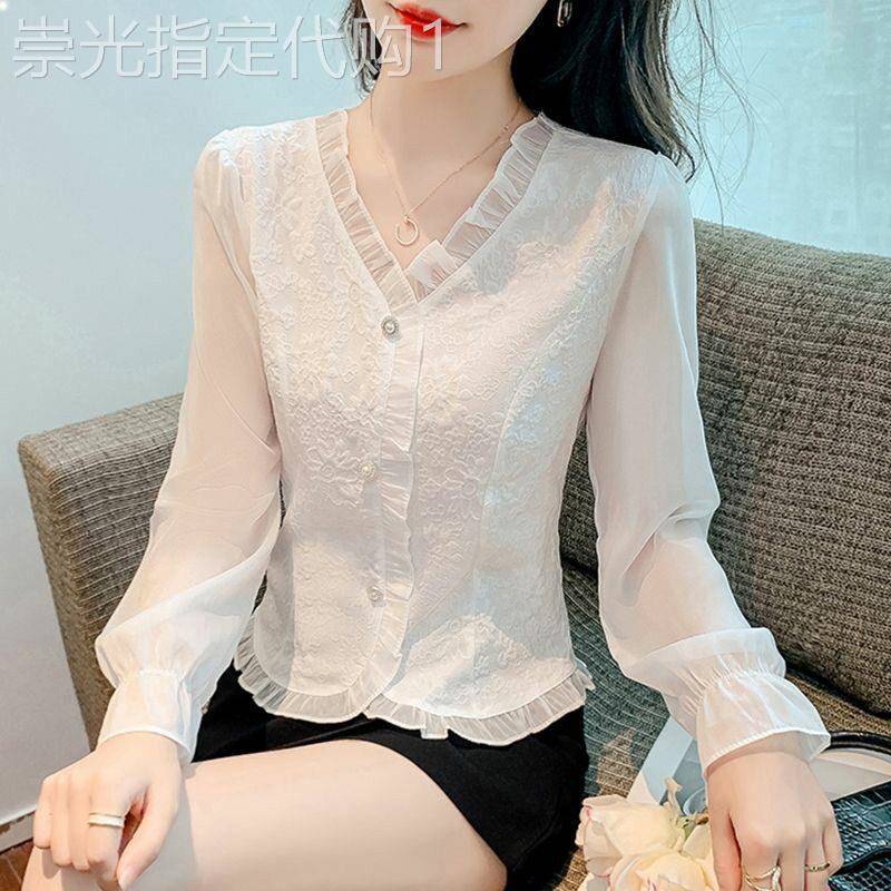 法式蕾丝衬衫女春夏2026新款时尚小香风薄款显瘦喇叭袖雪纺上衣