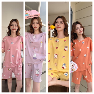 纯棉女夏卡通睡衣套装可外穿