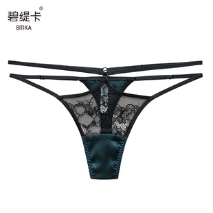 头细带绿色复古低腰丁字裤 桑蚕丝性感内裤 春夏透明蕾丝情调女士裤