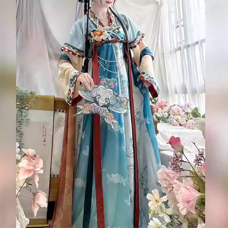 新款唐制原创碧海青玉齐胸汉服缝花知月刺绣印花春夏秋日常闺蜜款