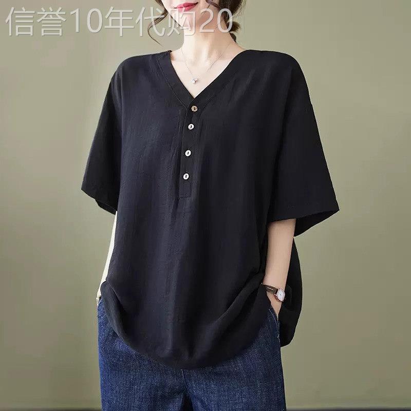 棉麻短袖t恤女夏季薄款2026新款宽松大码胖mm显瘦v领休闲半袖上衣