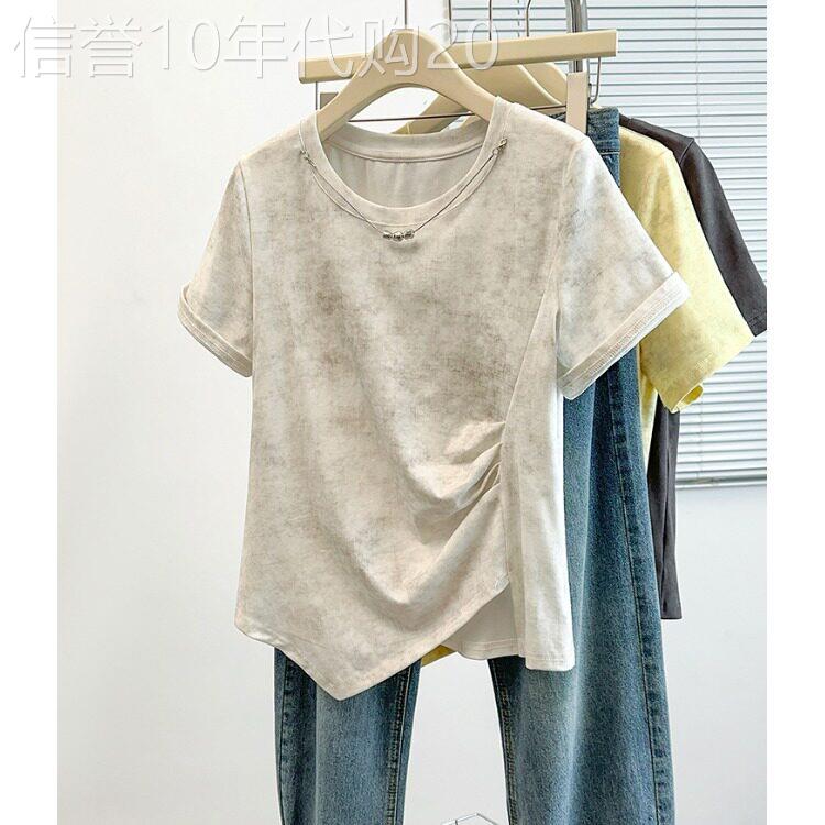 不规则短袖女t恤女夏季薄款2025新款大尺码显瘦遮肚子胖mm扎染上