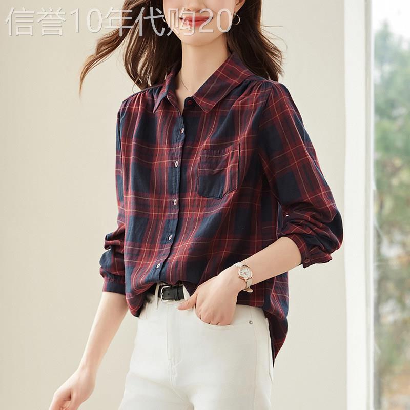 设计感红格子纯棉长袖衬衫女2026春秋季新款小众宽松衬衫拼色上衣