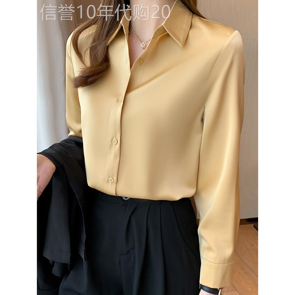 黄色经典衬衫2025新妇女秋季宽松工作服装专业缎面宽松长袖衬衫