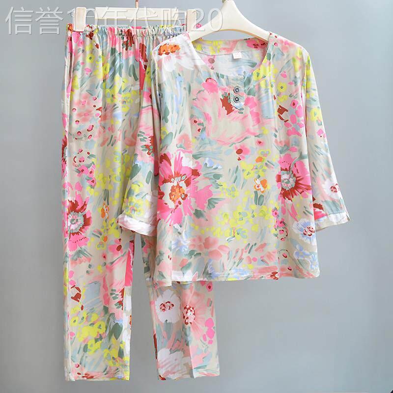 棉绸睡衣女夏季薄款中老年人妈妈宽松绵绸家居服七分袖外出套装