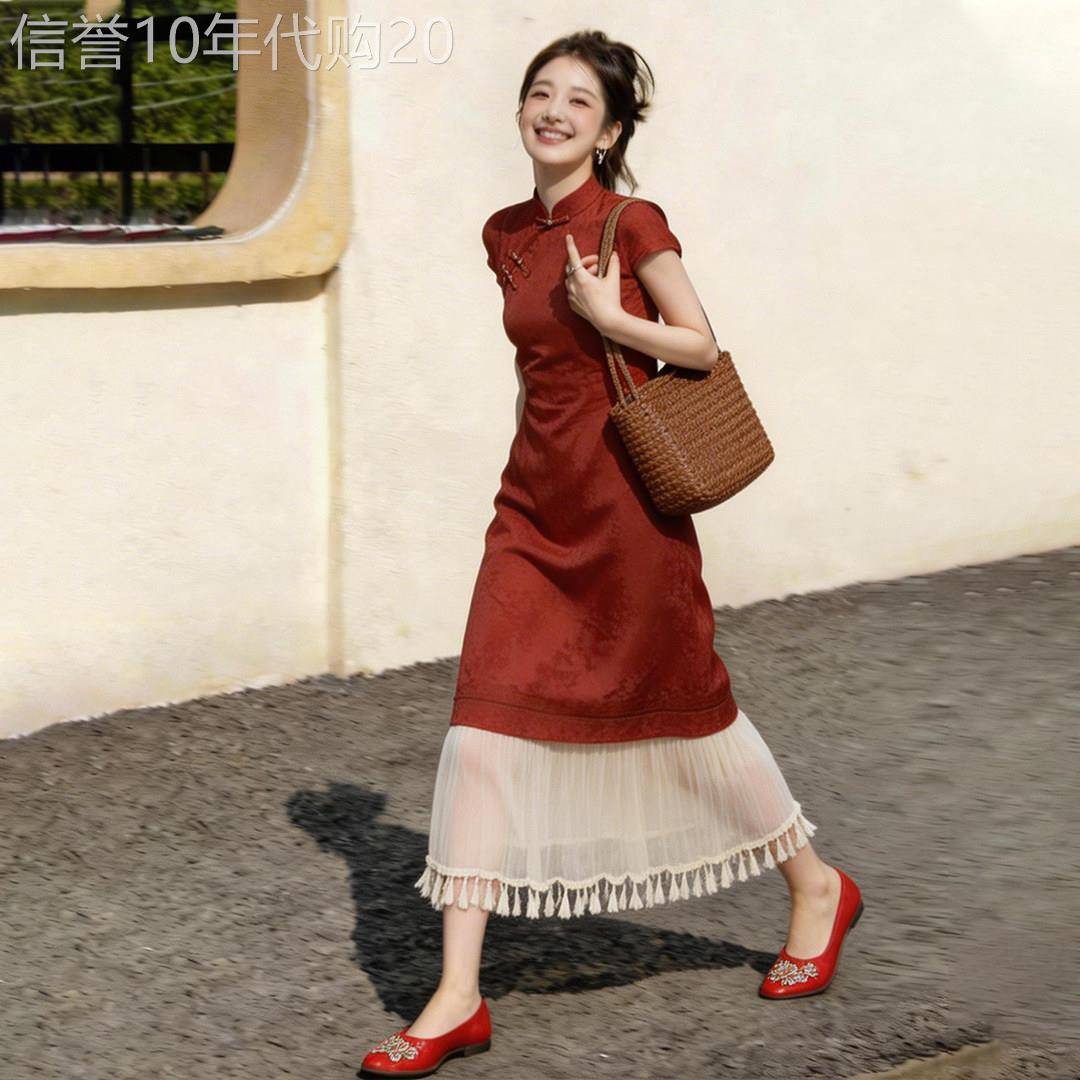 新中式红色流苏边短袖连衣裙女夏季2026新款绝美独特漂亮显瘦长裙
