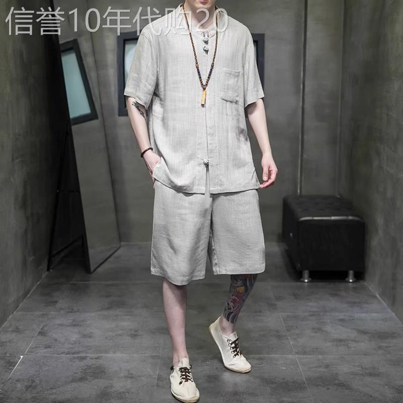 中国风亚麻衬衫套装男士短袖T恤2026新款夏季棉麻汉服两件套男款