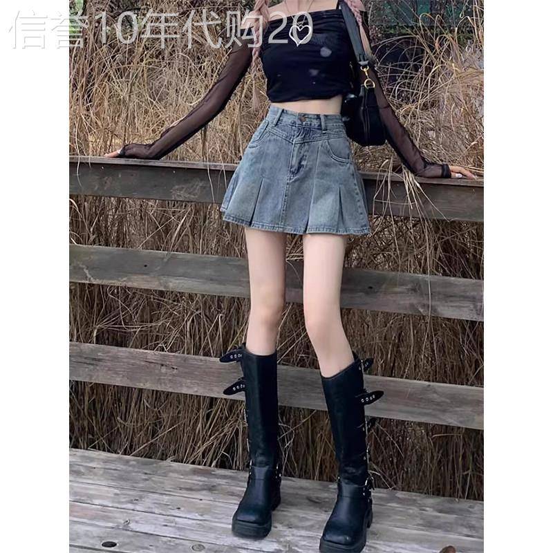复古蓝美式高腰牛仔百褶裙女夏季欧货时尚百搭显瘦小个子A字短裙
