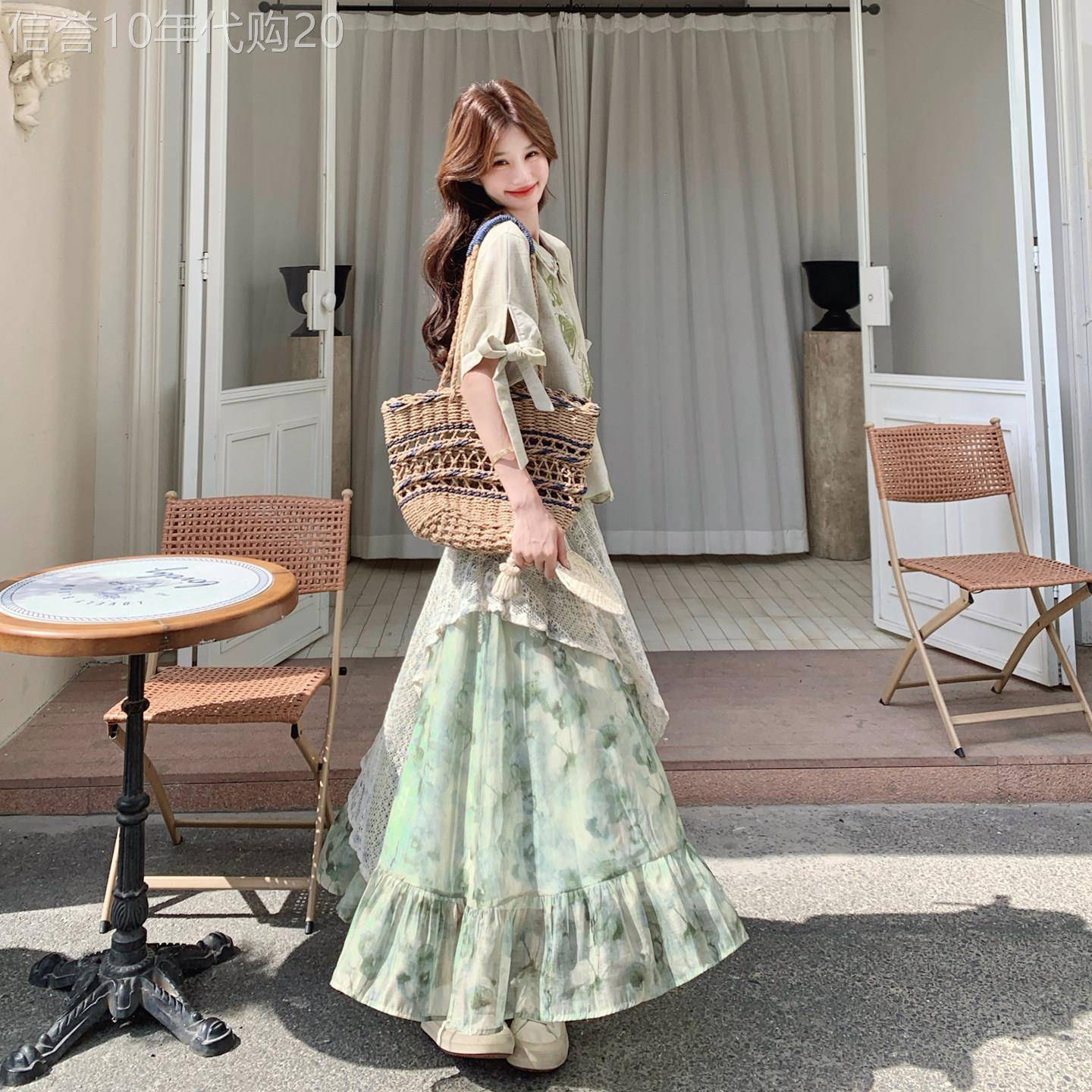 森系夏日绝美甜美小套装女2026设计感蝴蝶结衬衫蕾丝半身裙两件套