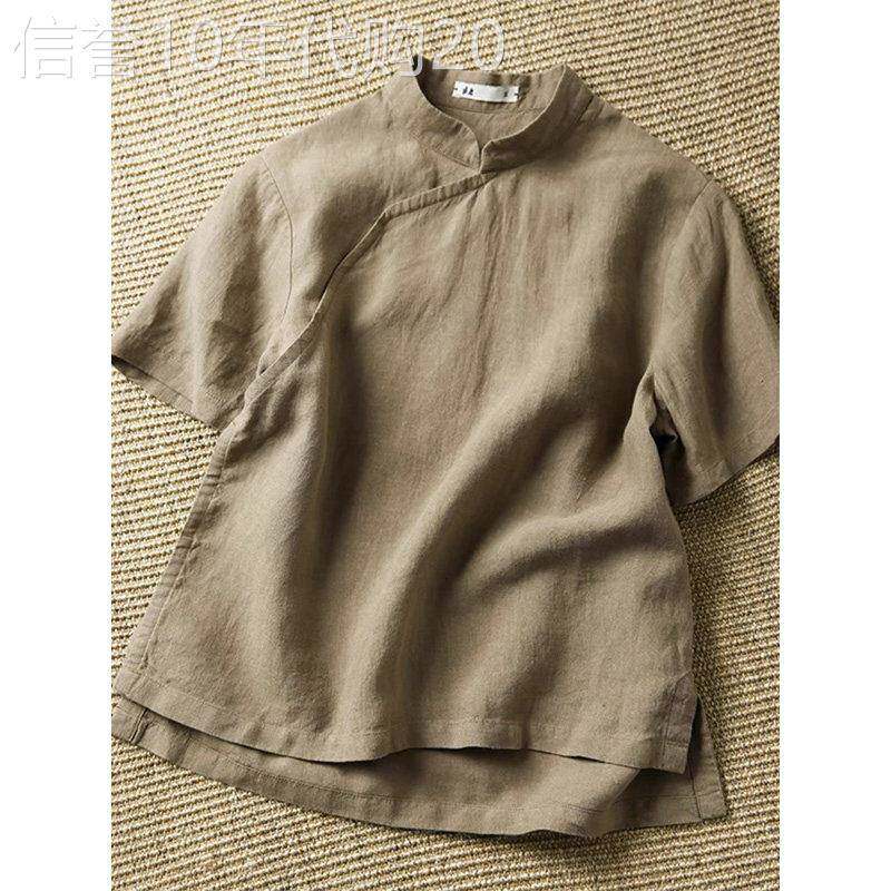 新中式复古亚麻短袖衬衫女夏季欧货气质立领茶服衬衣显瘦棉麻上衣