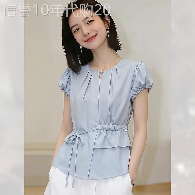 轻奢荷叶边雪纺绑带收腰衬衫女装夏季2026年新款漂亮短袖小衫上衣