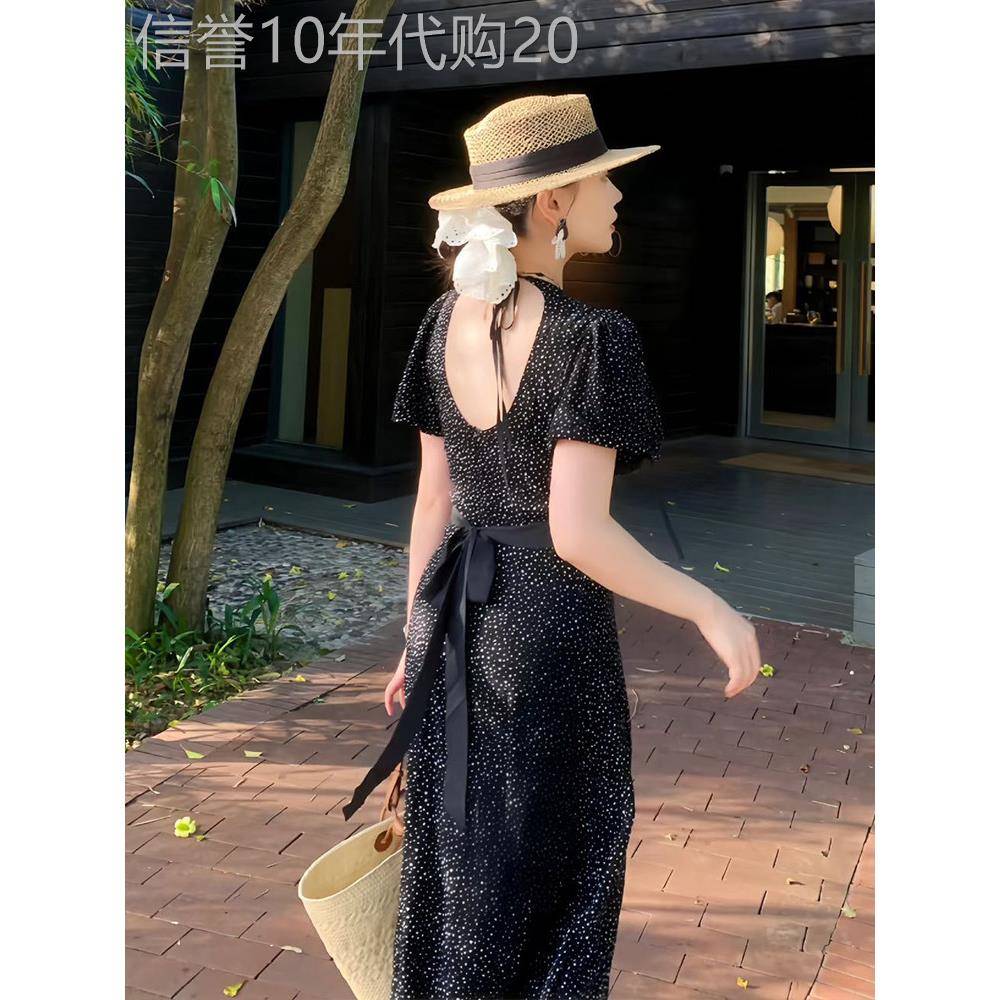 法式黑色V领露背连衣裙女2025夏季新款超好看独特漂亮掐腰长裙子