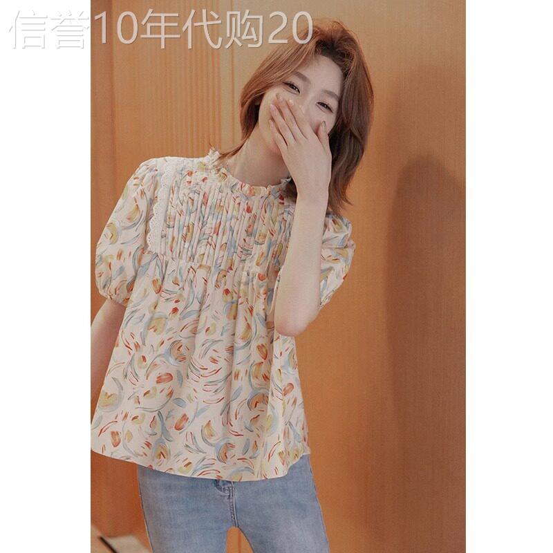 碎花雪纺衬衫女夏2026新款时尚抽褶木耳边薄款显瘦泡泡袖减龄上衣