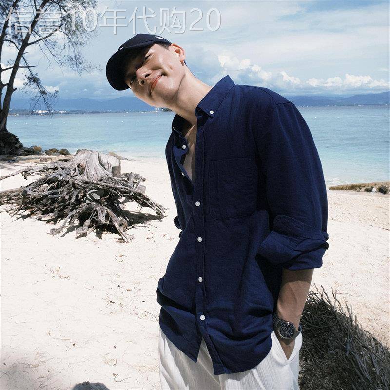 轻奢海岛老钱风藏青色衬衫男2026春季宽松显白海边ins长袖上衣潮