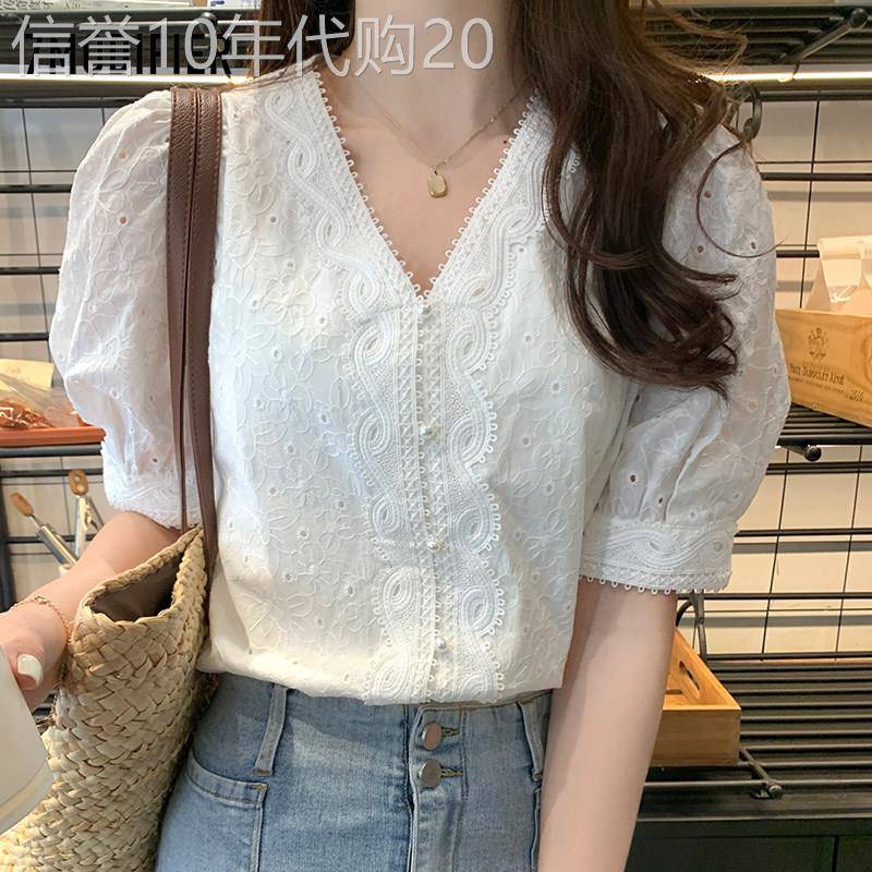 短袖衬衣女夏季薄款百搭时尚气质通勤时尚泡泡袖V领宽松衬衫上衣