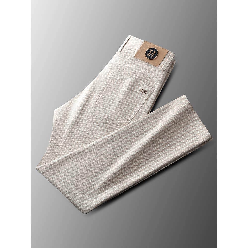 高端羊毛呢条纹西裤修身直筒商务通勤男士休闲长裤秋冬季加厚保暖