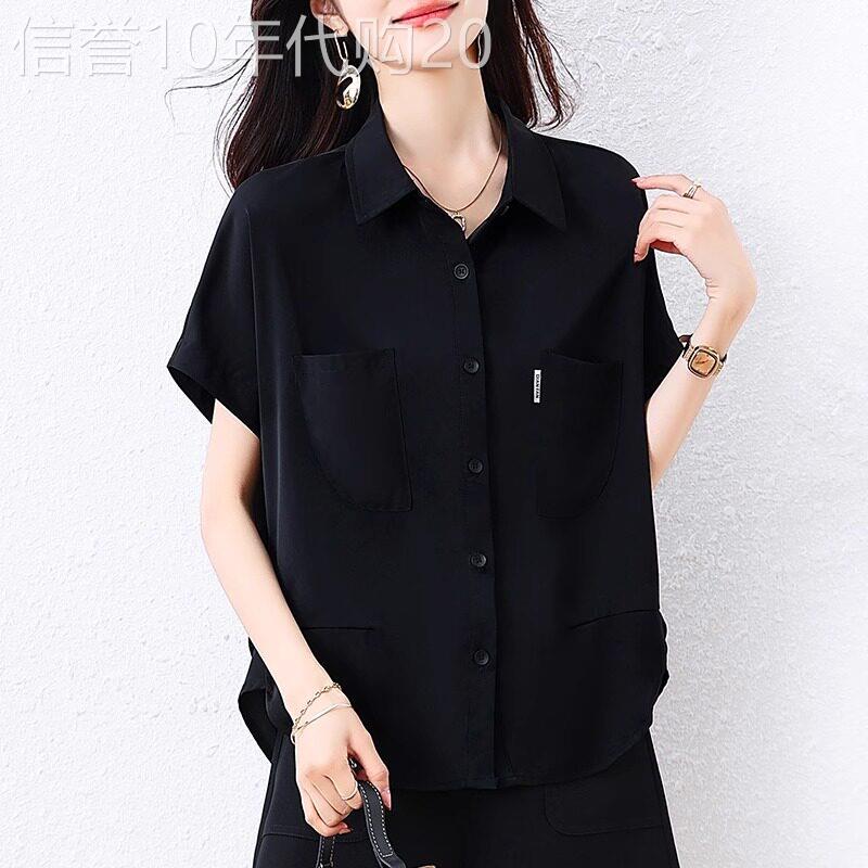 黑色短袖衬衫女夏季薄款2025新款百搭时尚休闲宽松显瘦POLO领上衣