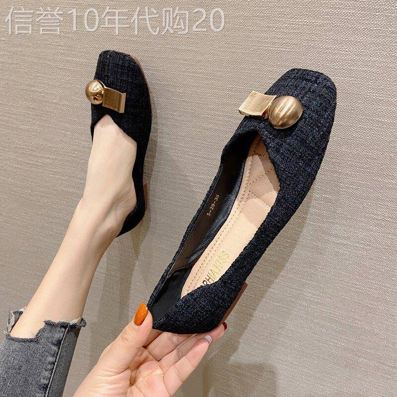 潮牌方头浅口平跟单鞋女2025夏季新款法式金属扣布面套脚软底女鞋