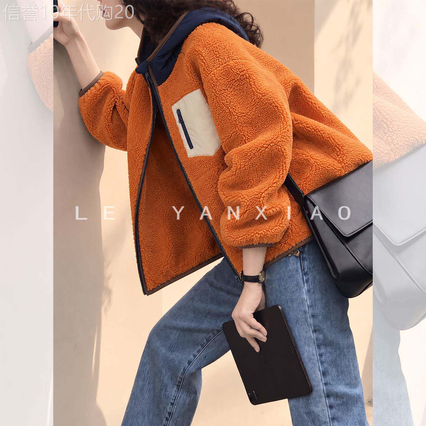 高端小资橙色连帽仿羊羔毛外套女2026秋小个子短款廓形毛毛绒大衣