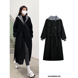 韩国加厚夹棉外套女士秋冬新款设计感小众黑色连帽风衣中长款大衣