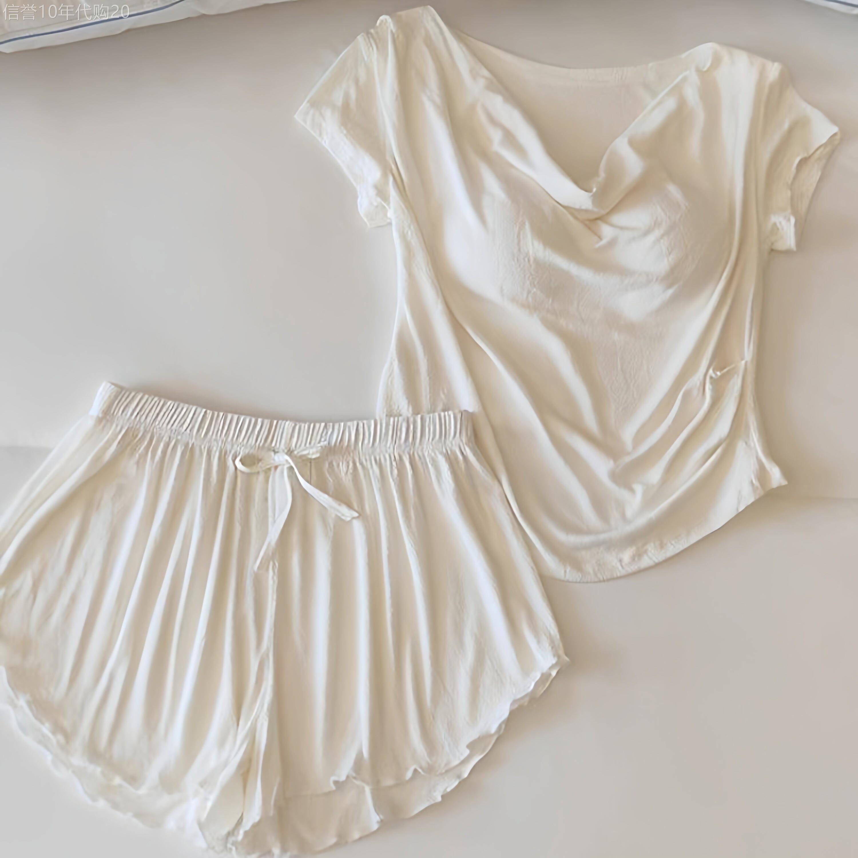 莫代尔带胸垫睡衣女春季V领短袖短裤纯白风家居服套装超薄可外穿