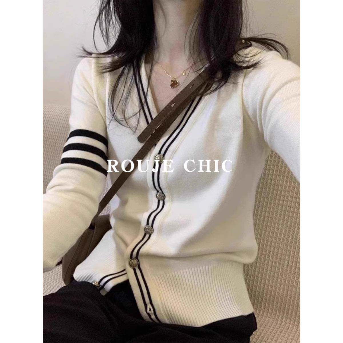 法国Rouje Chic法式白色针织开衫女秋季新款V领小众撞色毛衣外套