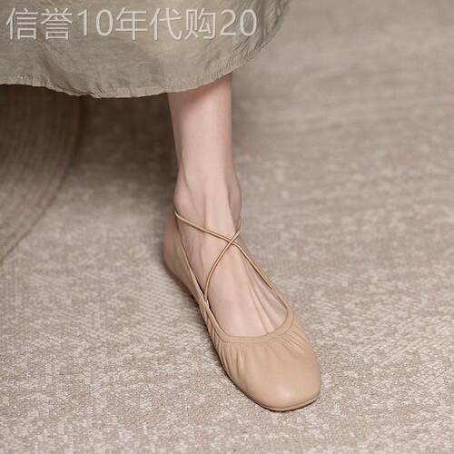 潮牌软羊皮方头玛丽珍鞋女2026春夏新款气质交叉绑带平底浅口单鞋
