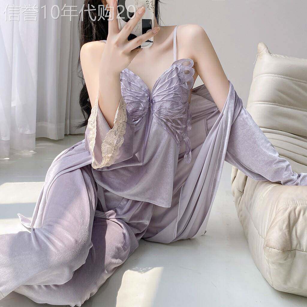 金丝绒性感吊带睡衣女秋冬2026新款带胸垫睡裙睡袍长裤家居服套装