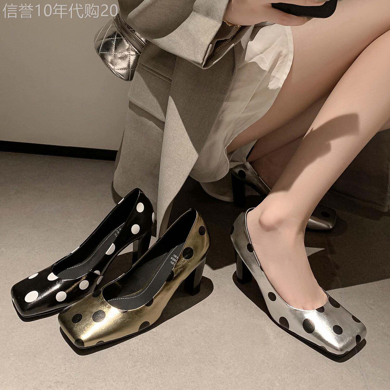 邂逅巴黎~ 法式气质真皮波点方头粗跟浅口单鞋女银色配裙子高跟鞋