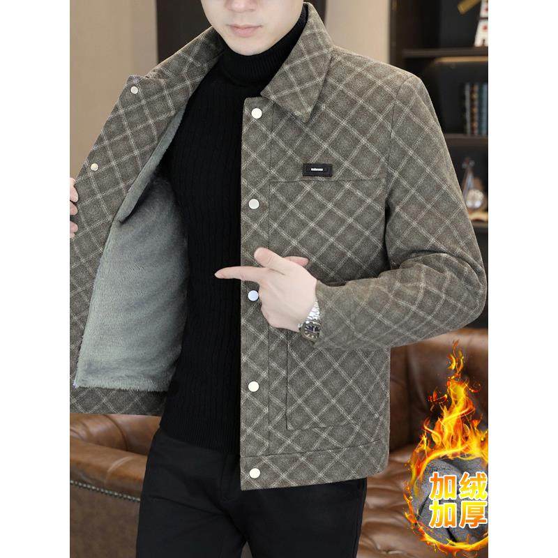 潮牌修身翻领加绒加厚短款毛呢大衣男士冬季格子百搭呢子夹克外套