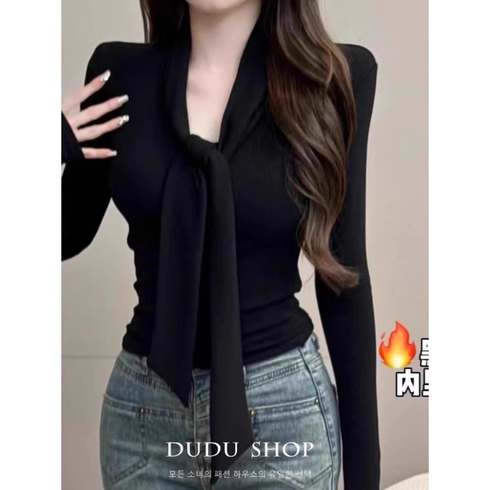 日系黑色打底衫女秋冬小个子气质飘带修身显瘦长袖t恤短款针织衫