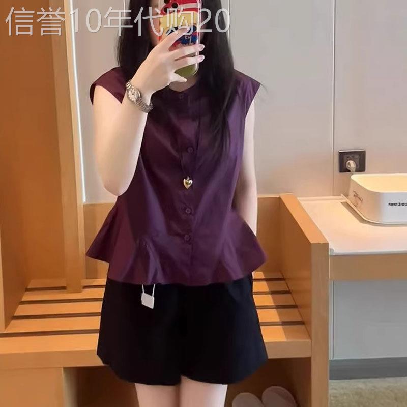 紫色圆领无袖衬衫女士夏季欧货大码胖MM时尚气质洋气显瘦百搭上衣