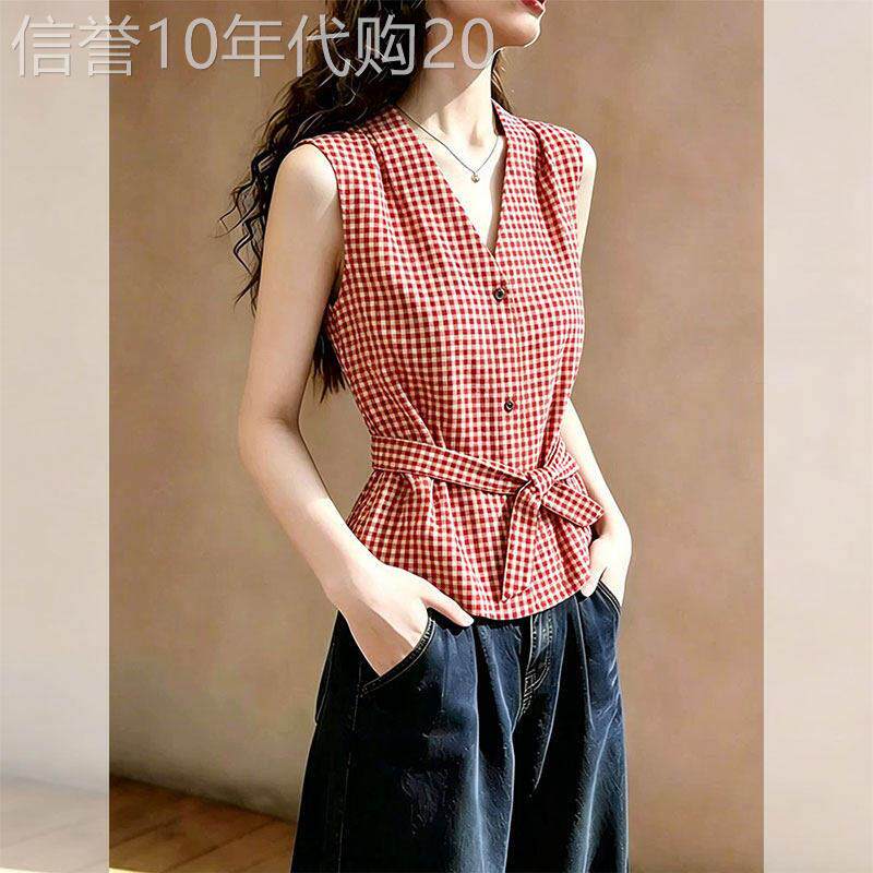 无袖V领衬衫女夏季薄款2026新款设计感时尚简约百搭系带短袖上衣