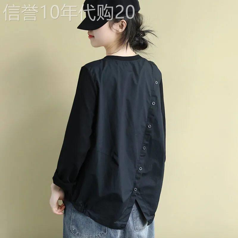 后背开叉大口袋长袖T恤女秋季新款宽松大尺码胖mm休闲显瘦港风上