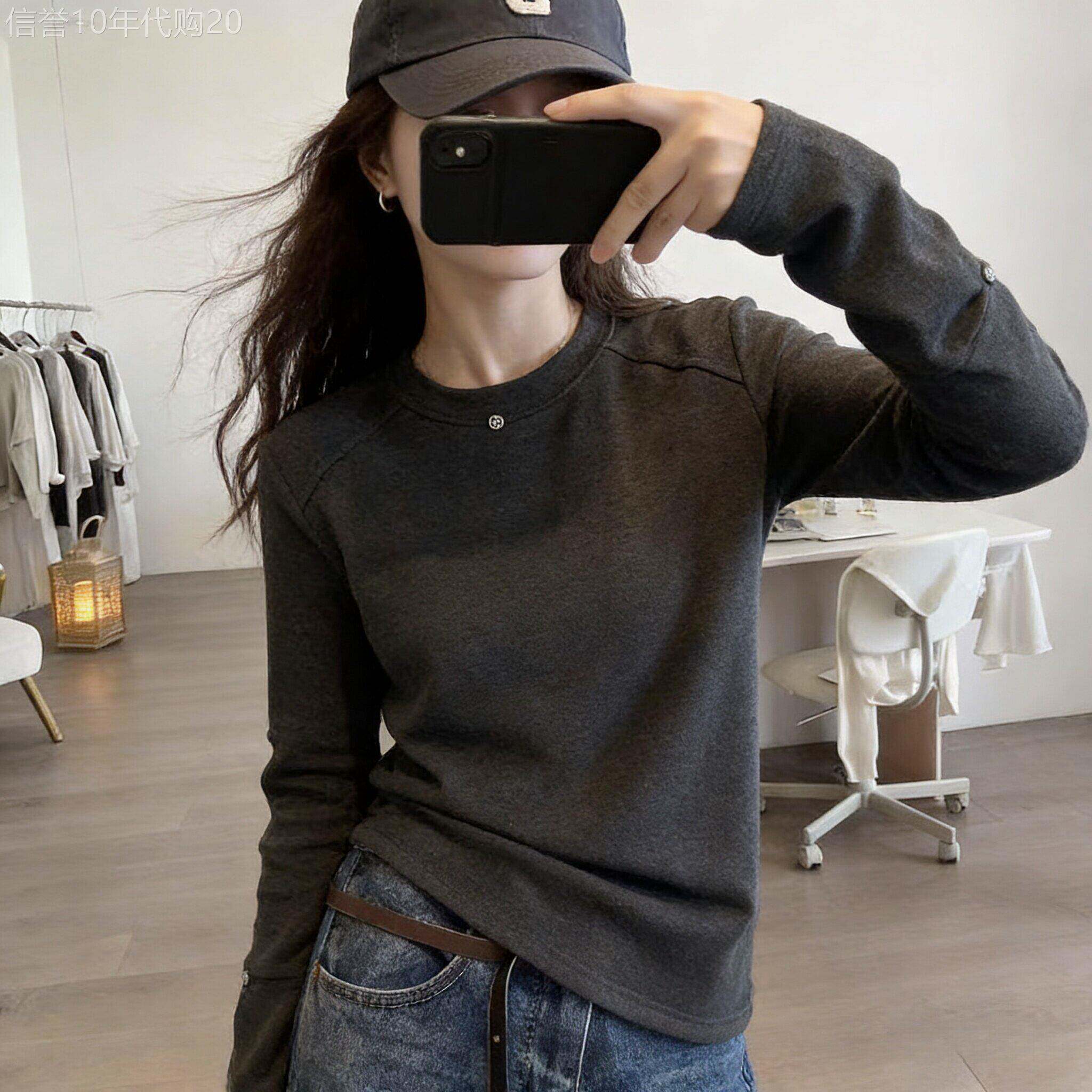 正肩圆领长袖T恤女2026春秋新款灰色宽松百搭内搭打底衫简约上衣