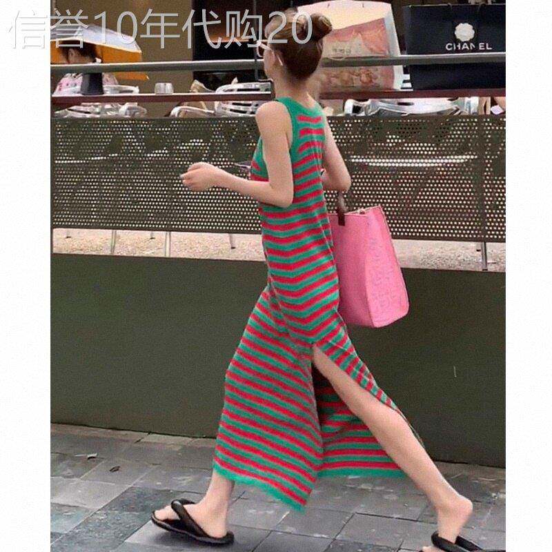 彩虹吊带裙女夏装深圳欧货条纹打底开叉无袖背心针织裙中长洋装