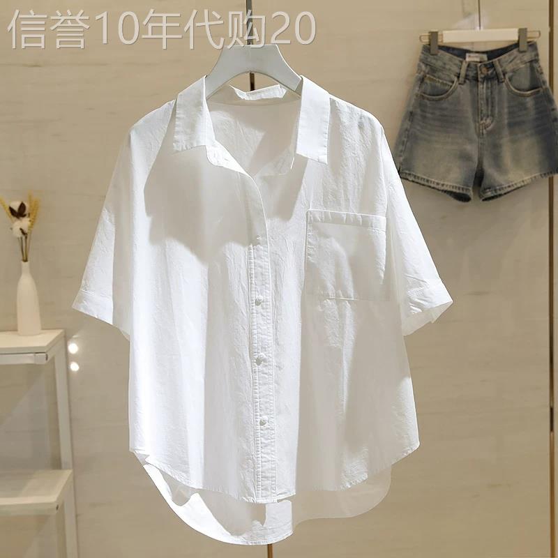 香港潮牌白色短袖衬衫女夏季单口袋韩版宽松显瘦遮肚子衬衫上衣潮