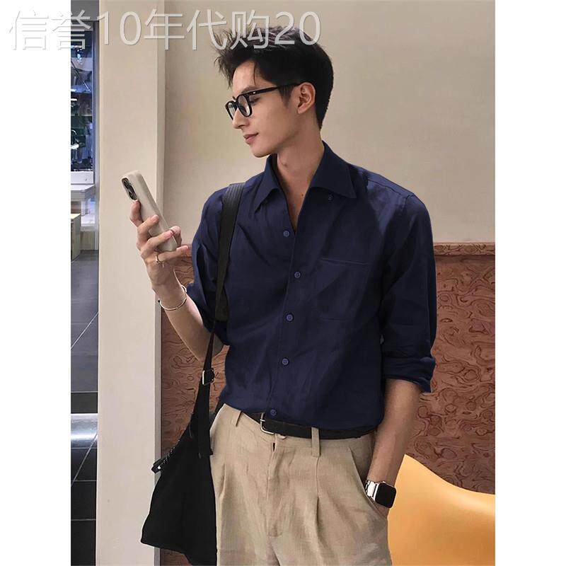 轻奢老钱风藏青色亚麻衬衫男夏季薄款高级感痞帅英伦雅痞棉麻衬衣