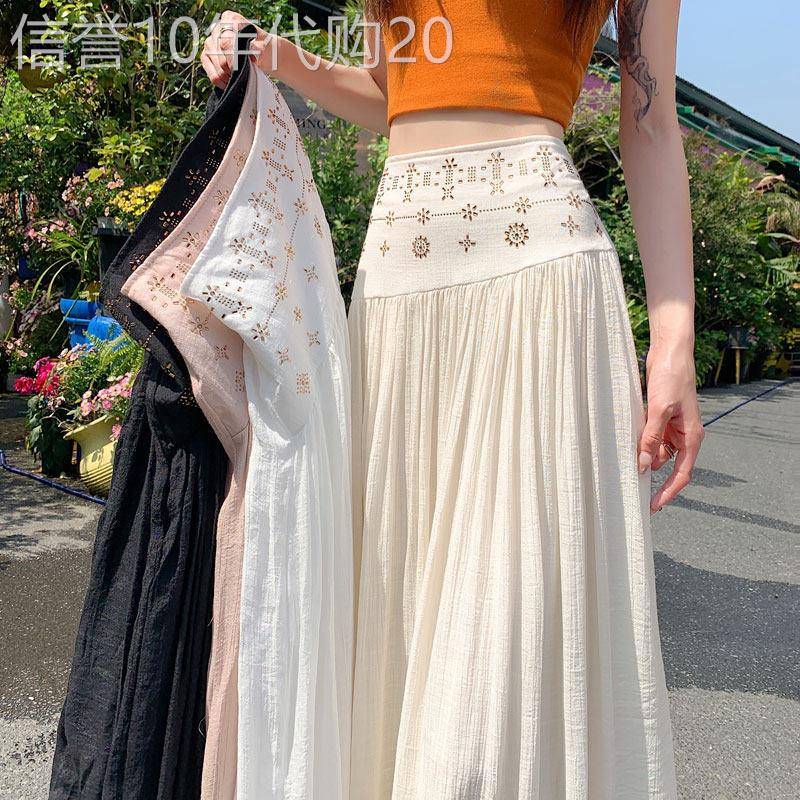 烫钻百褶半身裙女2026年夏季新款高腰显瘦垂感a字大摆棉麻长裙子