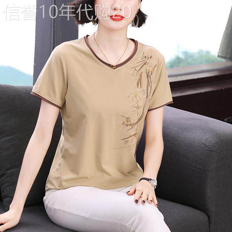 纯棉短袖t恤女夏装2026新款中老年大码正肩百搭宽松遮肚刺绣上衣
