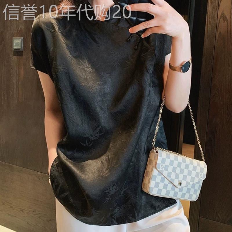 意大利高级桑蚕丝衬衫夏季女式薄短袖衬衫新中国风民族风格黑色丝