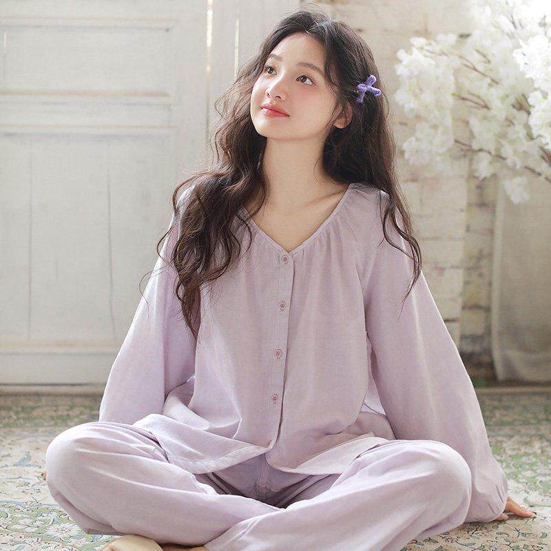 薇薇安｜全棉纯棉睡衣女款夏季凉感春秋长袖宽松可外穿家居服套装